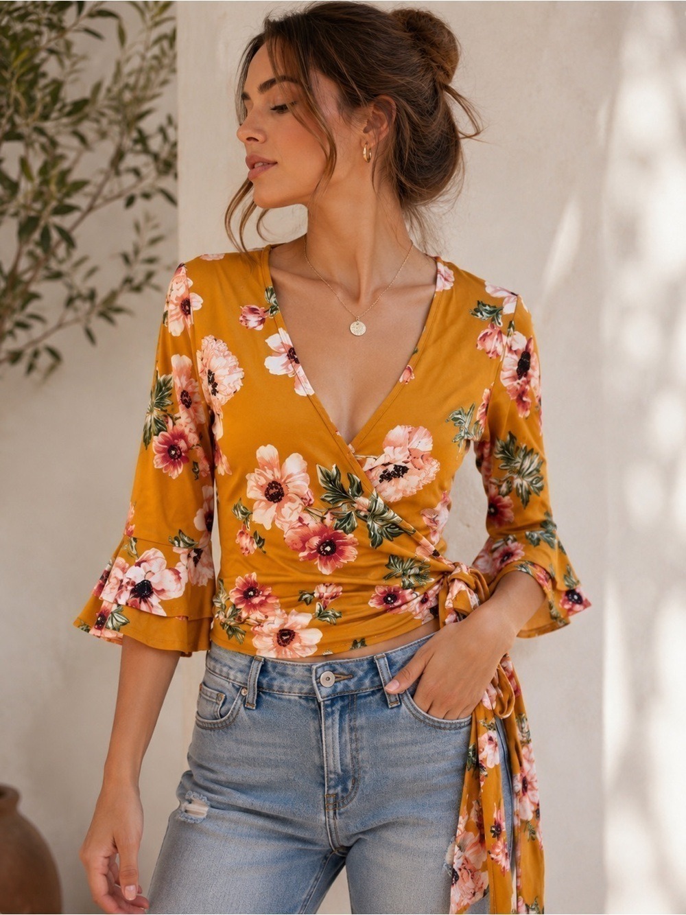 Polly & Esther Mustard Floral Wrap Top Bell Sleeve Blouse Small